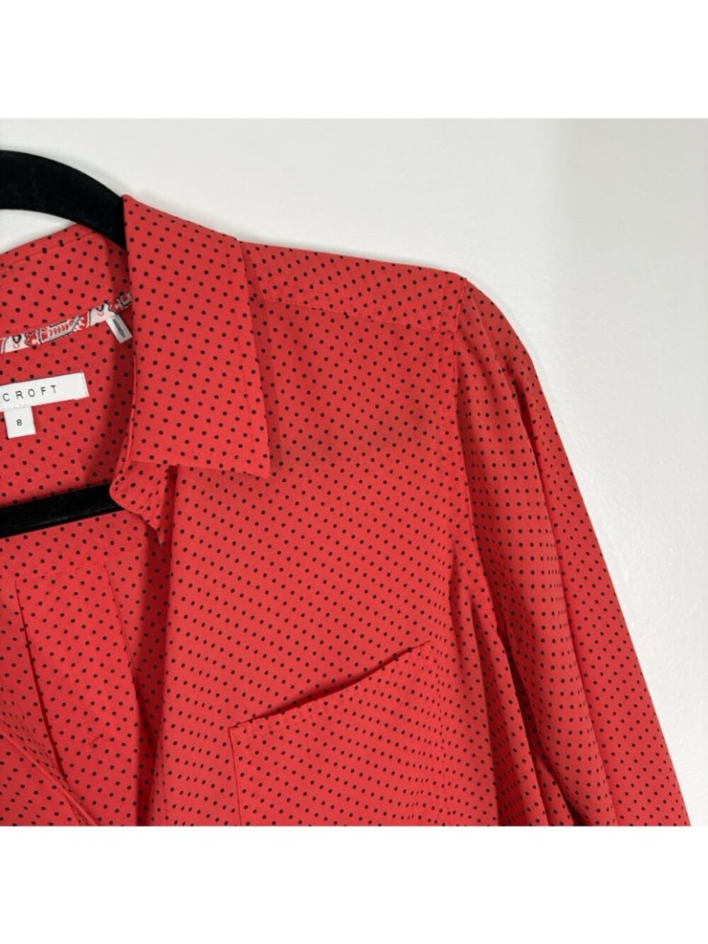 Foxcroft Women SZ 8 Red Black Polka Dot Long Sleeve Button Up Blouse - Picture 7 of 12